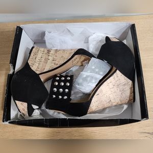 Pinar Studded Cork Wedges in Black by Shoe Dazzle